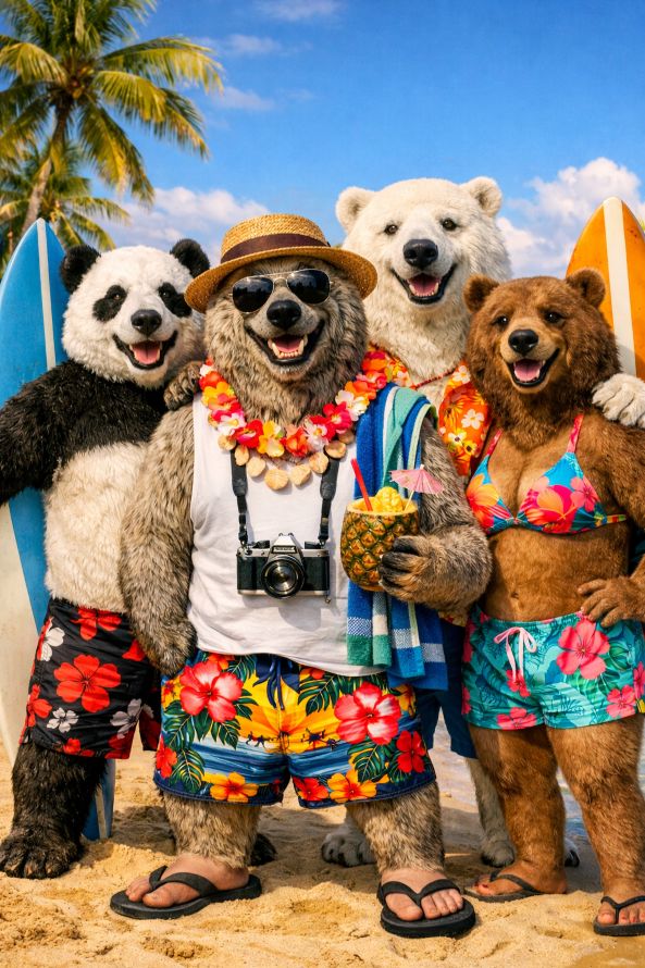 Pete Panda, Me, Buff and DeYaWana Buff on the beach